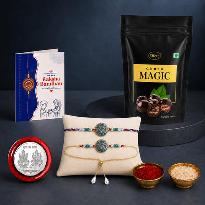 Designer Rakhi for Brother with Choco Magic Pouch, Roli Tikka, Pack of 5 | Ethnic