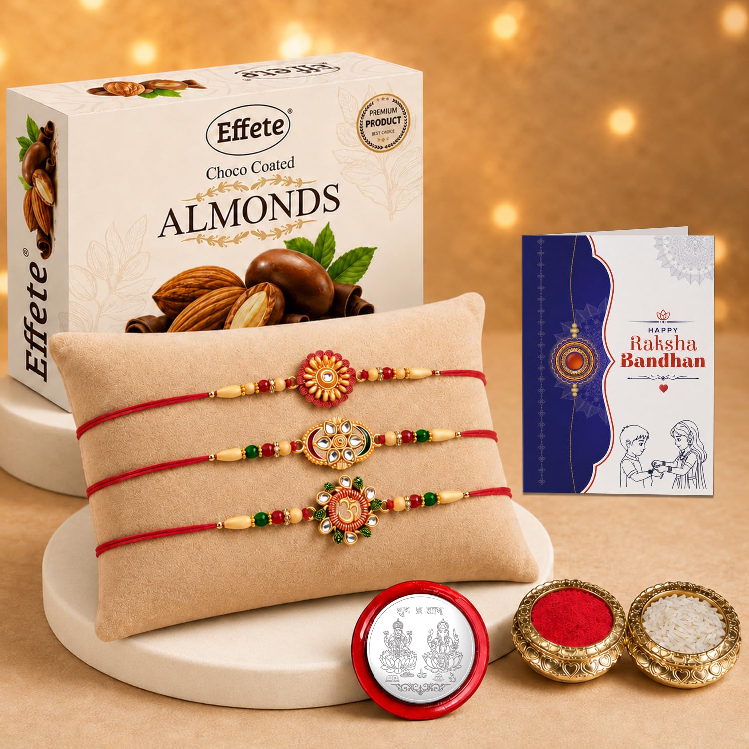 Round Rakhi for Brother with Chocolate Almonds 32gm, Roli Tikka & Card, Pack of 7