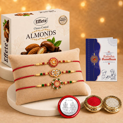 Round Rakhi for Brother with Chocolate Almonds 32gm, Roli Tikka & Card, Pack of 7
