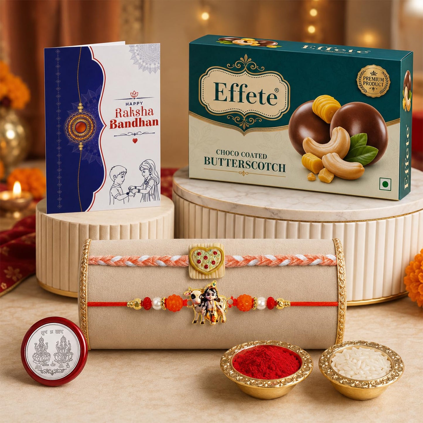 Heart-shaped Rakhi for Brother with Butter Scotch 32gm, Coin & Card, Pack of 6