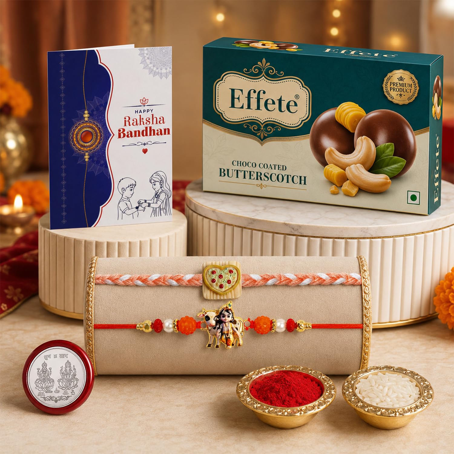 Heart-shaped Rakhi for Brother with Butter Scotch 32gm, Coin & Card, Pack of 6