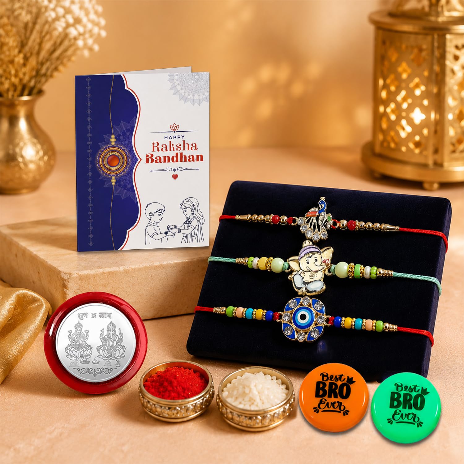 Multicolor Rakhi Peacock, Ganesh Charm, Evil Eye & Multicolour Decorative Magnets
