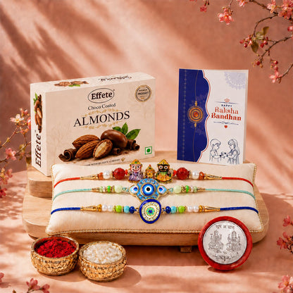 Lord Jagannath Rakhi Combo - Raksha Bandhan Gift with Choco Almonds 32gm, Pack of 7