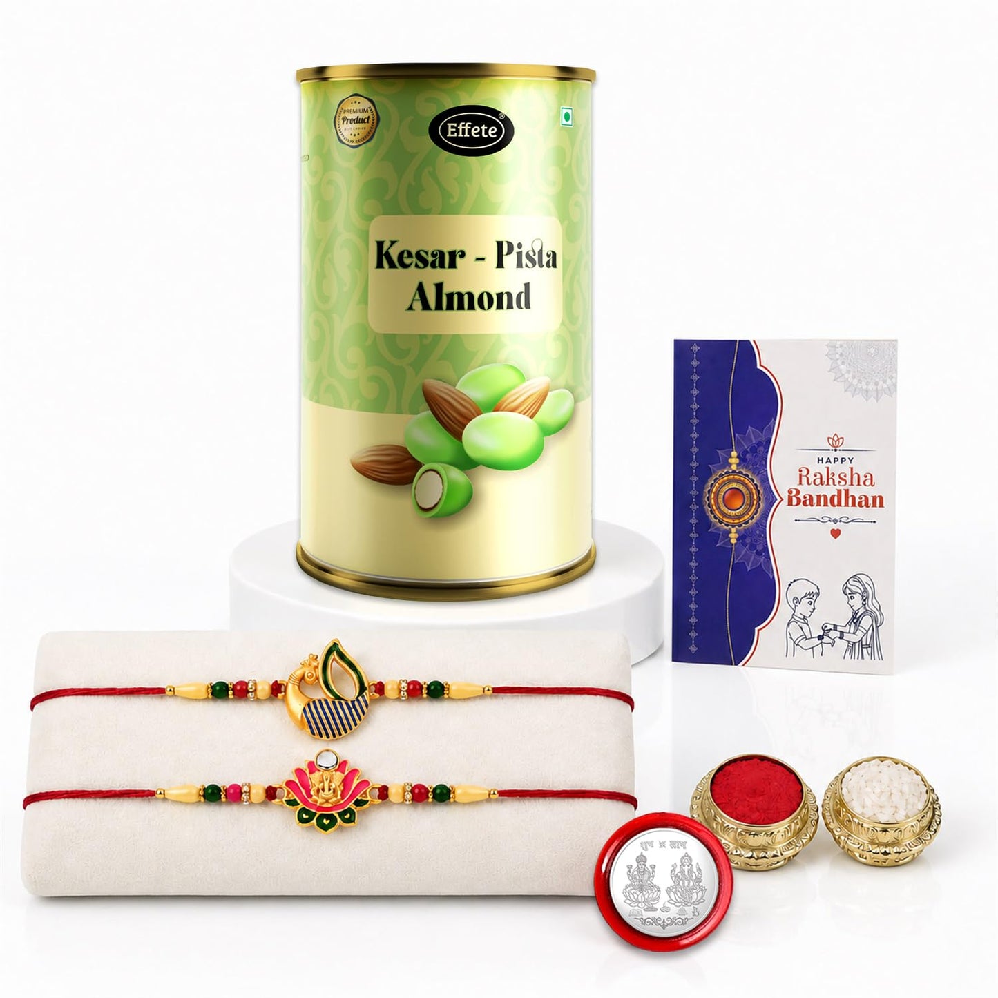 Peacock, Ganesha Multicolor Rakhi & Kesar-Pista Almond 96gm with Roli Chawal, Silver Color Pooja Coin & Greeting Card, rakhi combo for brother, Rakshbandhan Combo, Pack of 6 For Raksha Bandhan