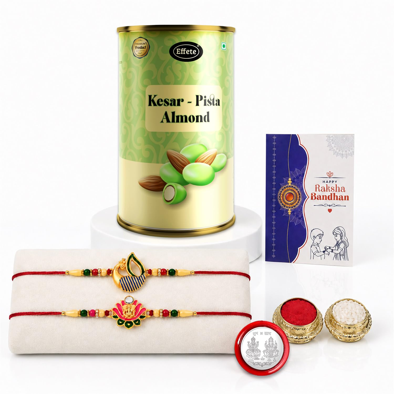 Peacock, Ganesha Multicolor Rakhi & Kesar-Pista Almond 96gm with Roli Chawal, Silver Color Pooja Coin & Greeting Card, rakhi combo for brother, Rakshbandhan Combo, Pack of 6 For Raksha Bandhan