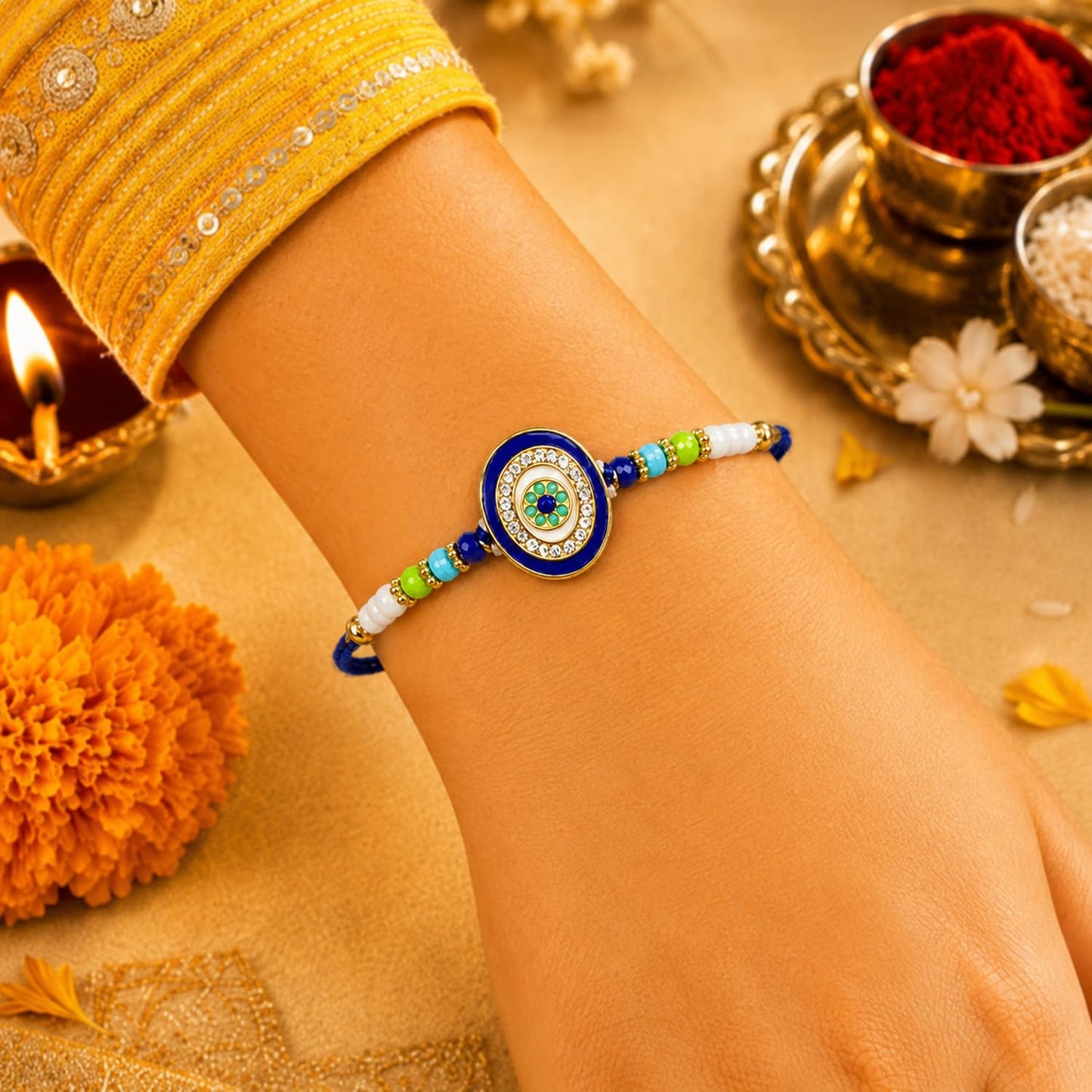 Designer Handcrafted Multicolor Rakhi for Brother with Roli Tikka, Pack of 5