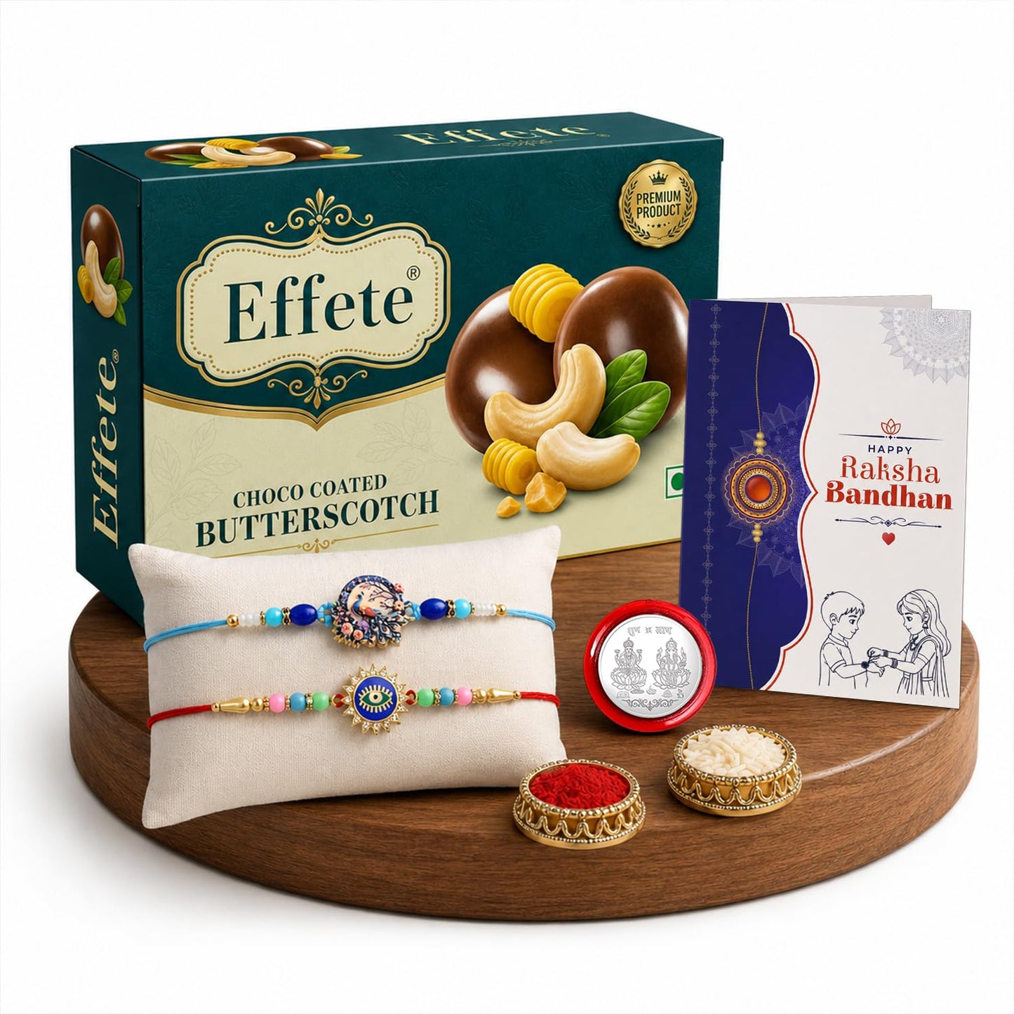 Peacock Rakhi for Brother with Butter Scotch 32gm, Roli Tikka & Card, Pack of 6
