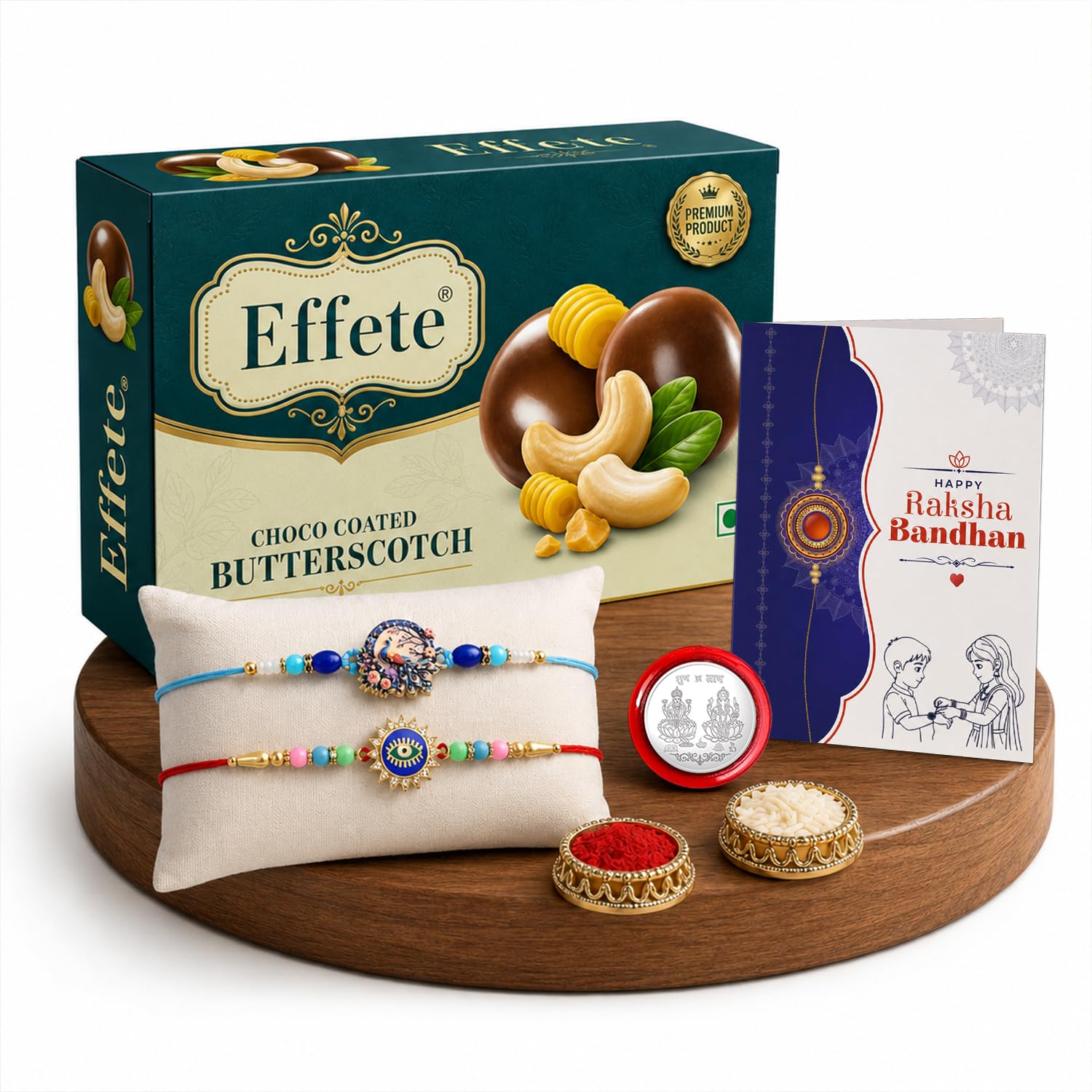 Peacock Rakhi for Brother with Butter Scotch 32gm, Roli Tikka & Card, Pack of 6