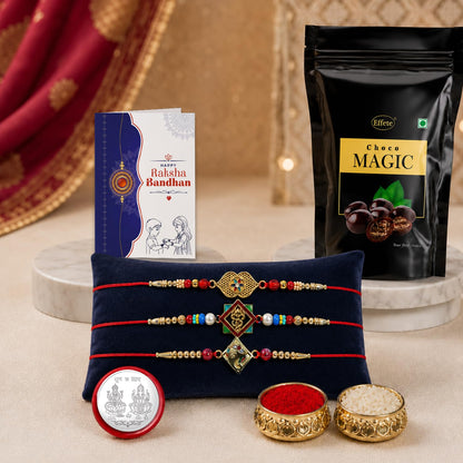 Golden Color Rakhi for Brother with Choco Magic Pouch, Coin & Card, Pack of 7