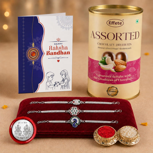 Rectangular Rakhi for Brother with Emperor Choco, Roli Tikka & Card, Pack of 7