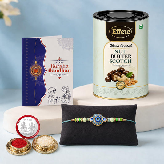 Evil Eye Rakhi for Brother with Butter Scotch 96gm, Roli Tikka & Card, Pack of 5
