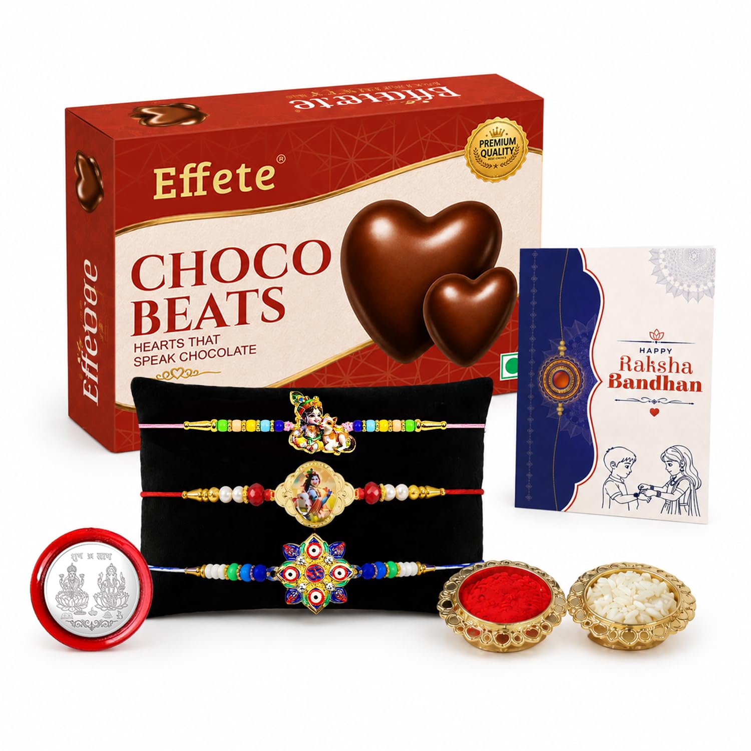Evil Eye, OM, Krishna Rakhi Combo - Raksha Bandhan Gift with Choco Beats 32gm, Pack of 7