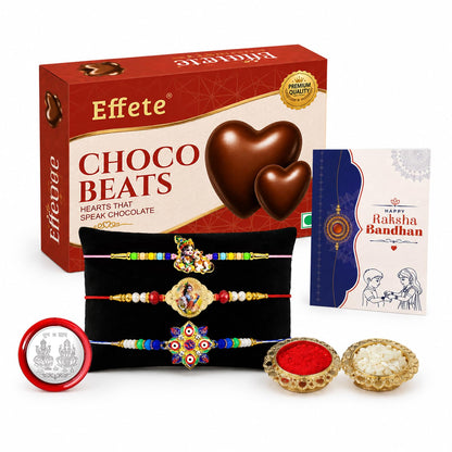 Evil Eye, OM, Krishna Rakhi Combo - Raksha Bandhan Gift with Choco Beats 32gm, Pack of 7