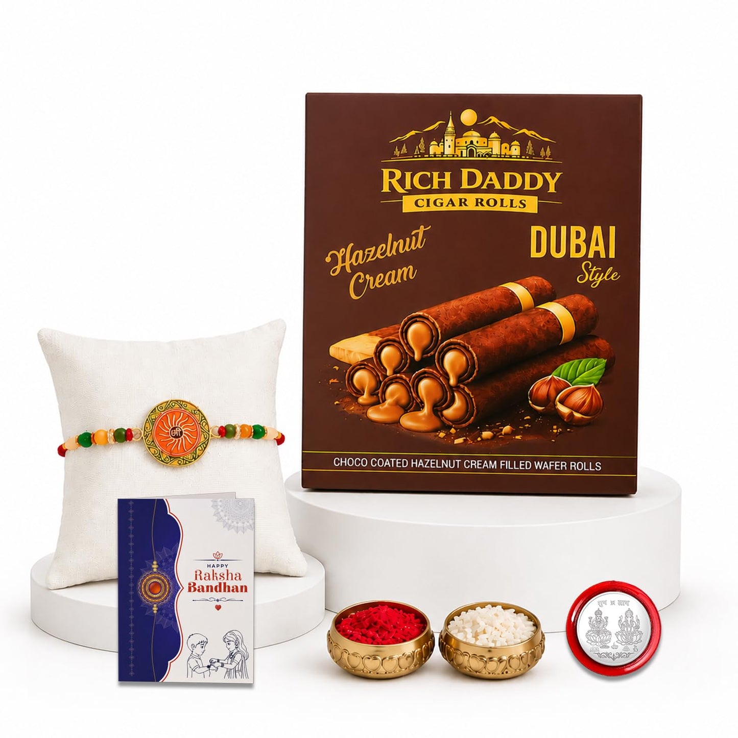 Shree Rakhi for Brother with Hazelnut Wafer Rolls, Roli Tikka & Card, Pack of 5