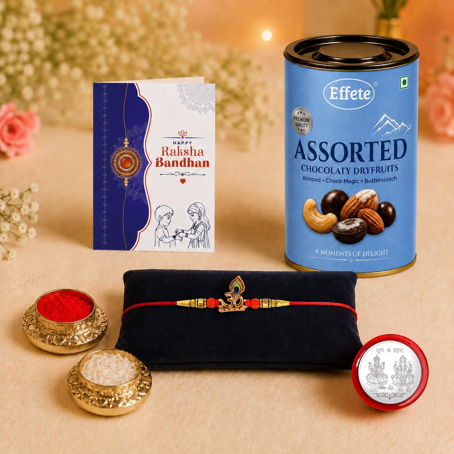 OM Shape Rakhi for Brother with Choco Dryfruits 96gm, Coin & Card, Pack of 5