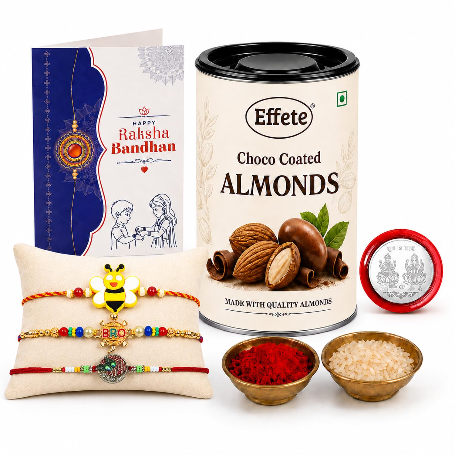 Bee motif Rakhi for Brother with Choco Almonds 96gm, Roli Tikka & Card, Pack of 7