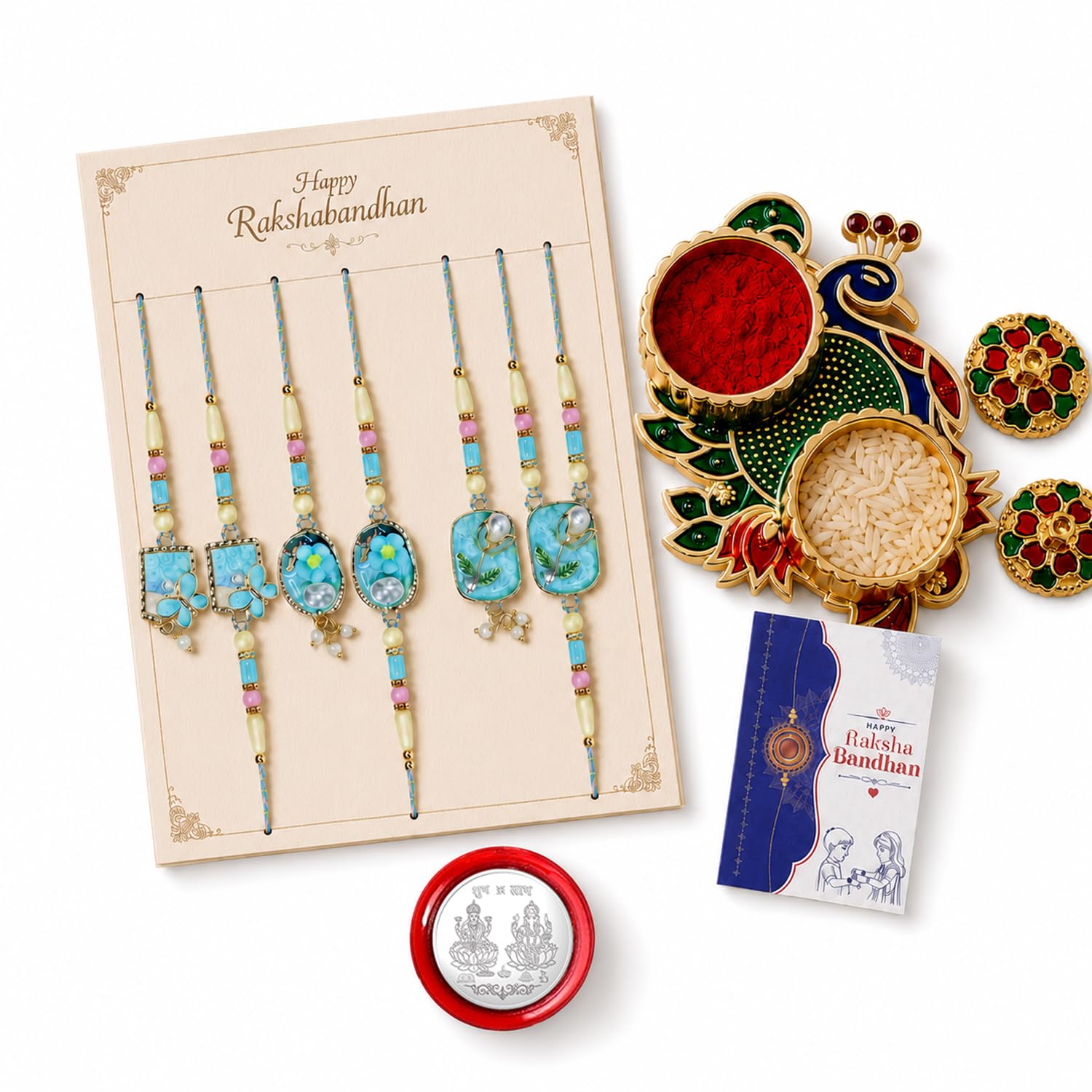 Multicolor Rakhi for Brother with Pooja Thali - Raksha Bandhan Gift, Pack of 7
