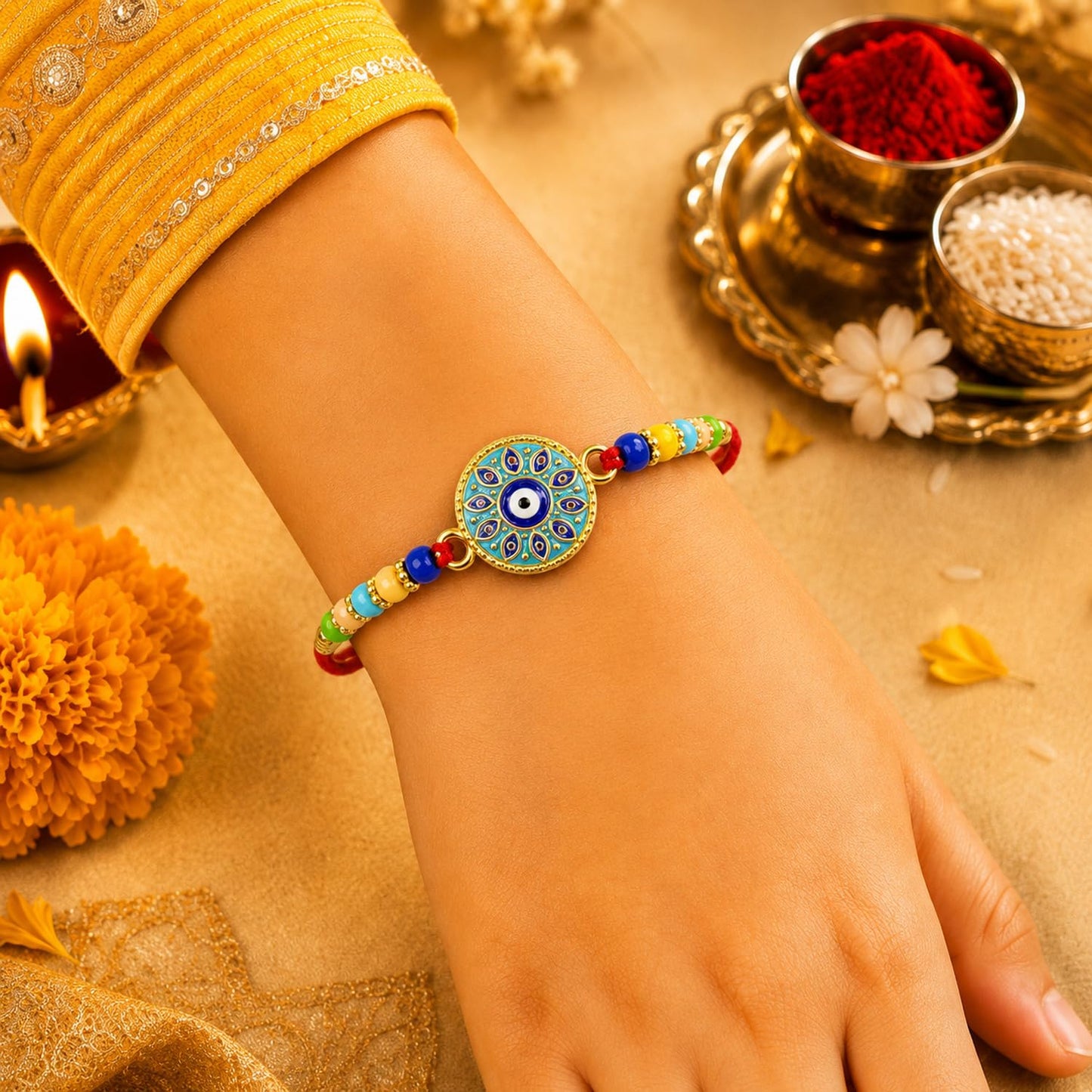 Designer Elegant Rakhi for Brother with Roli Tikka & Card, Pack of 5 | Ethnic