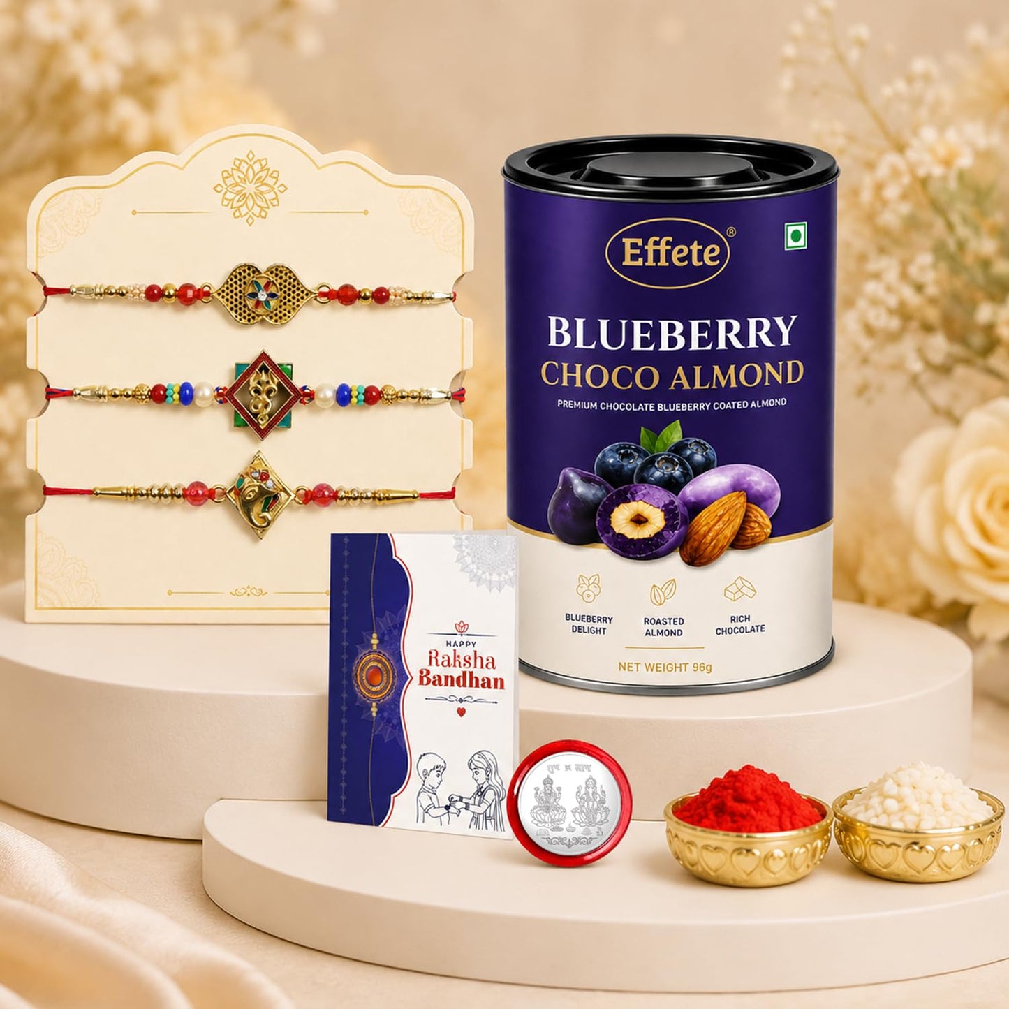 Golden Color Rakhi for Brother with Blueberry Almond 96gm, Coin & Card, Pack of 7