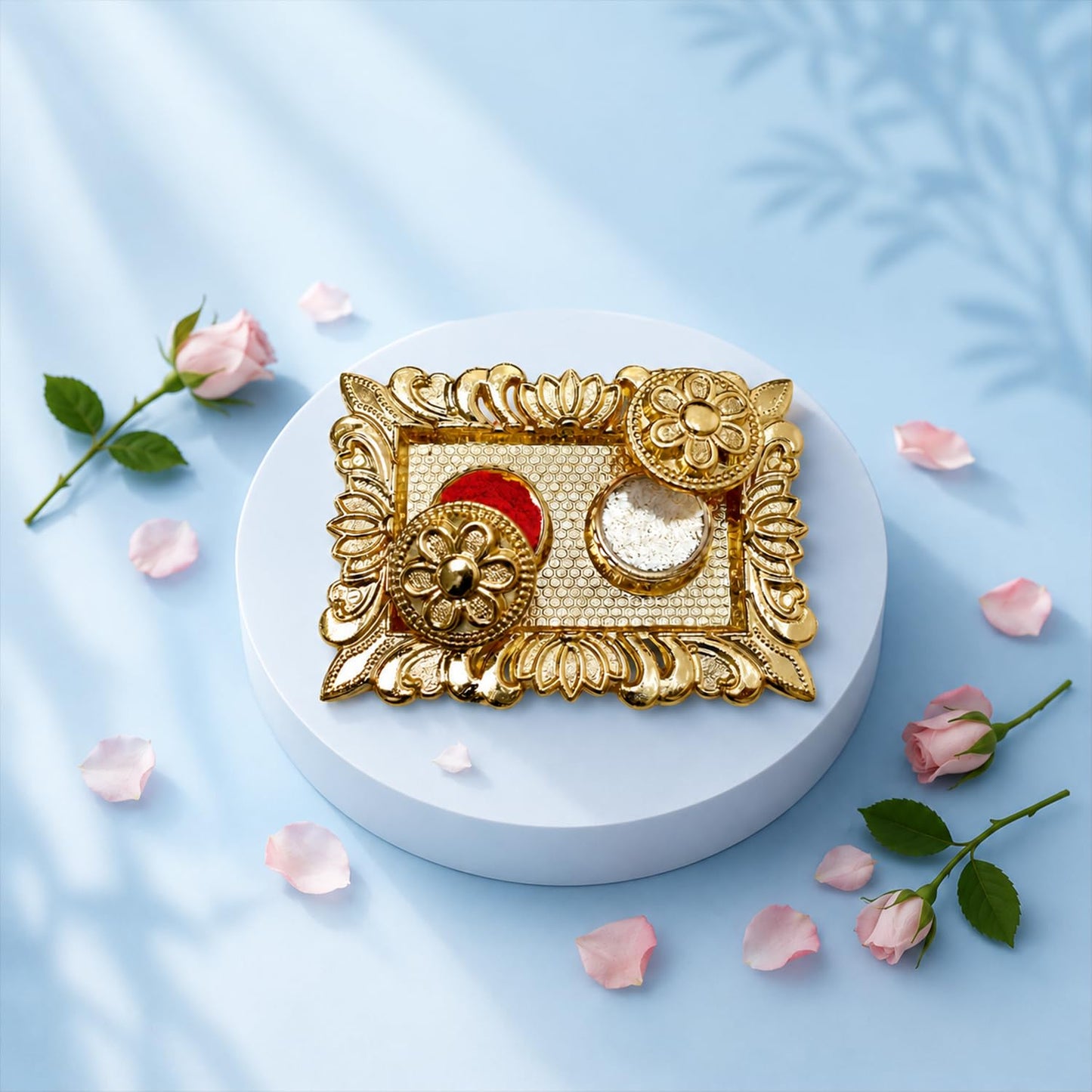Radhe Krishna Rakhi for Brother with Pooja Thali, Roli Tikka & Card, Pack of 5