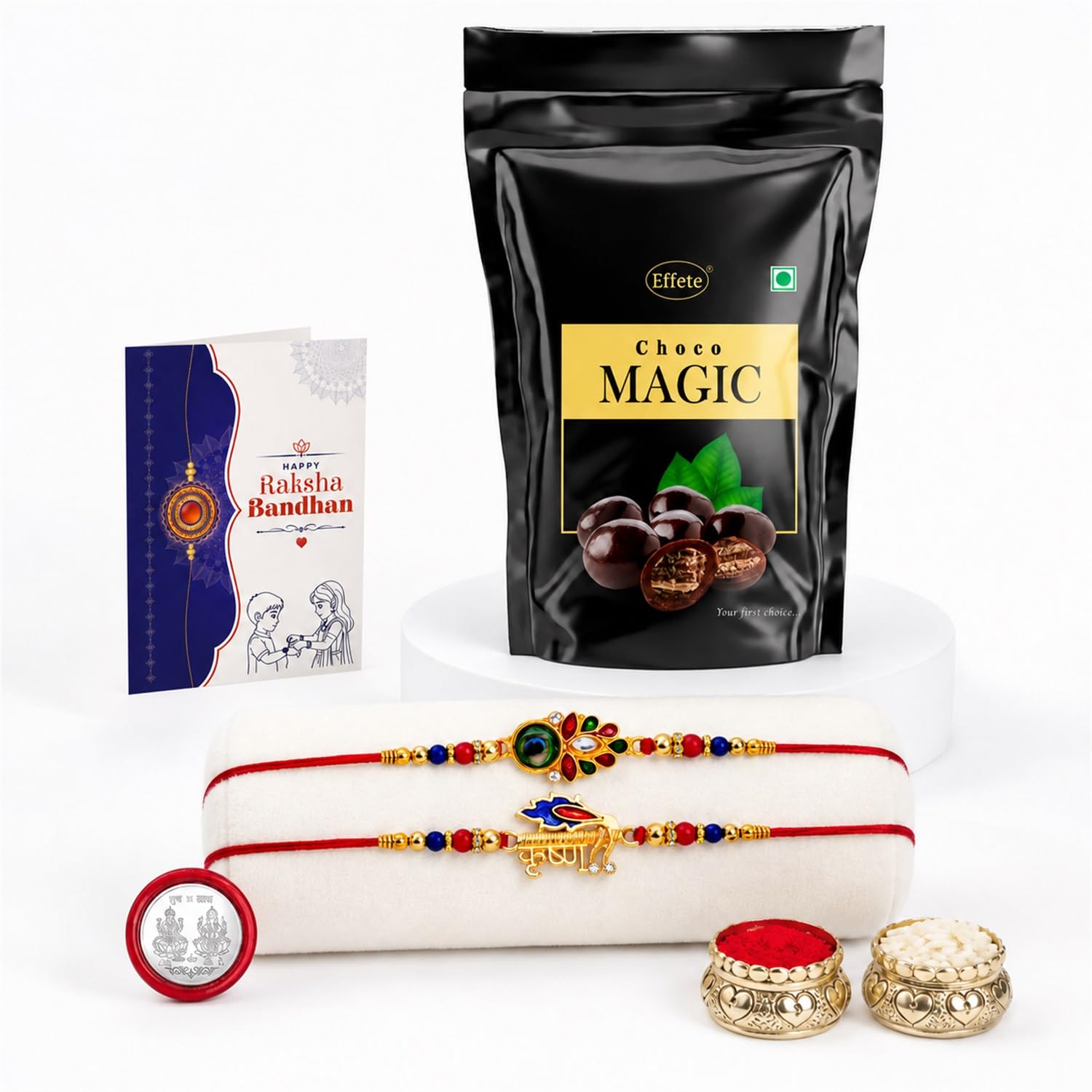 Flower Rakhi for Brother with Choco Magic Pouch, Roli Tikka & Card, Pack of 6