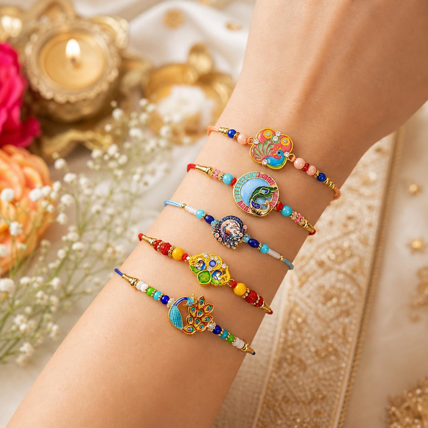 Elegant Adorable Rakhi for Brother with Roli Tikka, Pooja Coin & Card, Pack of 8