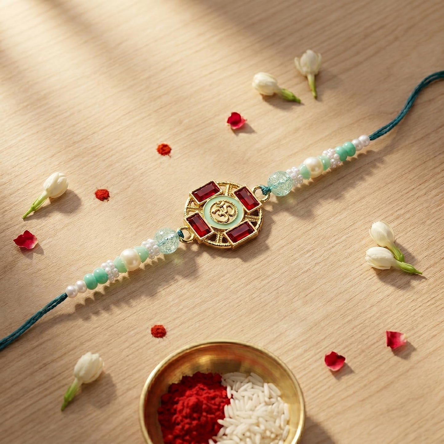 Om Multicolor Rakhi for Brother & Bhaiya with Golden Pooja Kankavati | Pack of 5