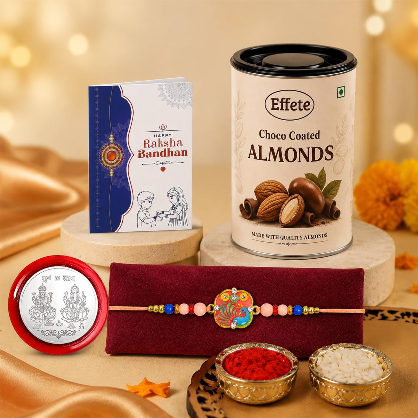 Peacock Rakhi Combo - Raksha Bandhan Gift with Choco Almonds 96gm, Pack of 5 | Rakhi Gift