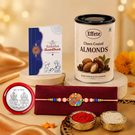 Peacock Rakhi for Brother with Choco Almonds 96gm, Roli Tikka & Card | Pack of 5