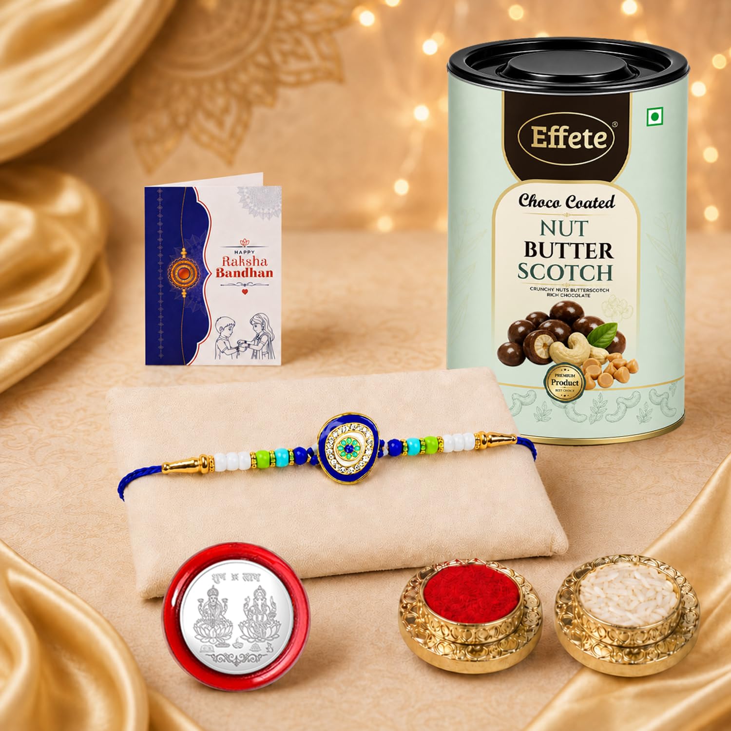 Evil Eye Rakhi for Brother with Butter Scotch 96gm, Roli Tikka & Card | Pack of 5