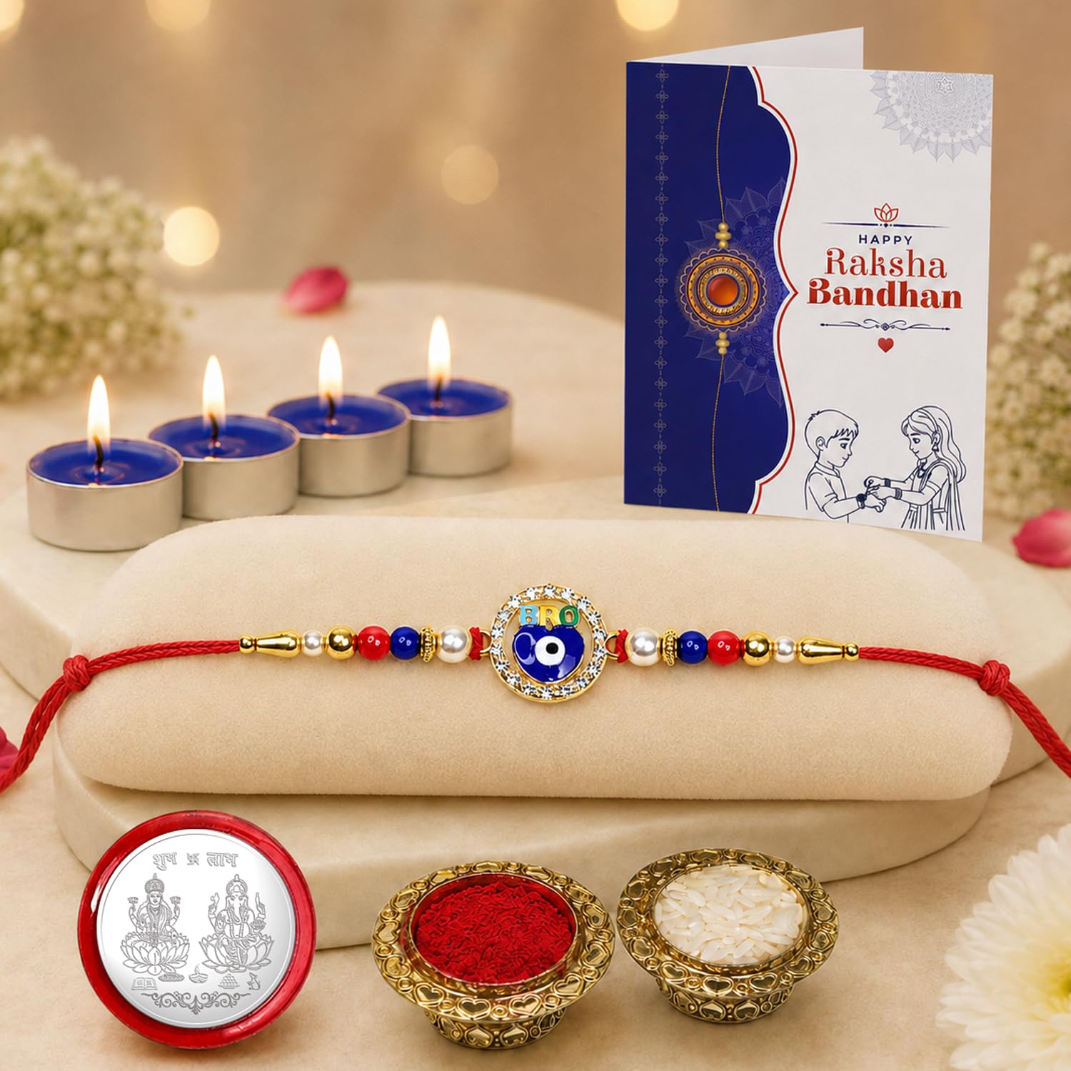 Evil Eye Rakhi for Brother with Candles 4pcs, Roli Tikka & Card, Pack of 5