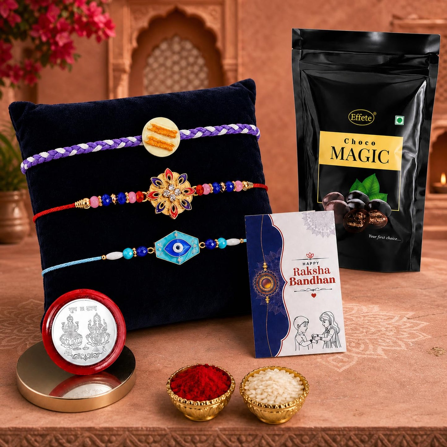 Flower Rakhi for Brother with Choco Magic Pouch, Roli Tikka & Card, Pack of 7