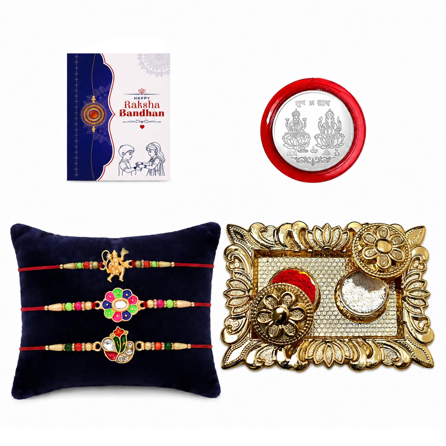 Hanuman Ji Rakhi for Brother with Pooja Thali, Roli Tikka & Card, Pack of 7
