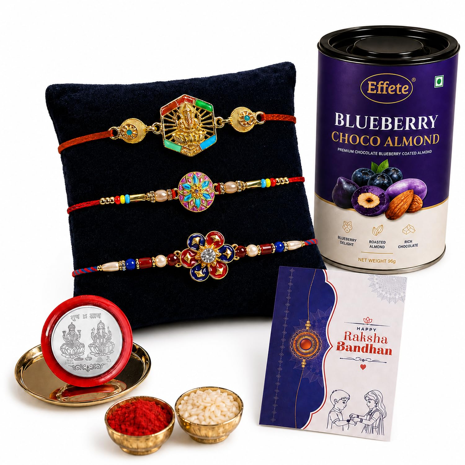 Flower Rakhi for Brother with Blueberry Almond 96gm, Coin & Card | Pack of 7