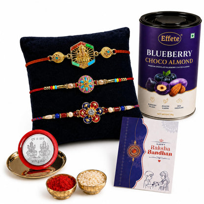 Flower Rakhi for Brother with Blueberry Almond 96gm, Coin & Card | Pack of 7