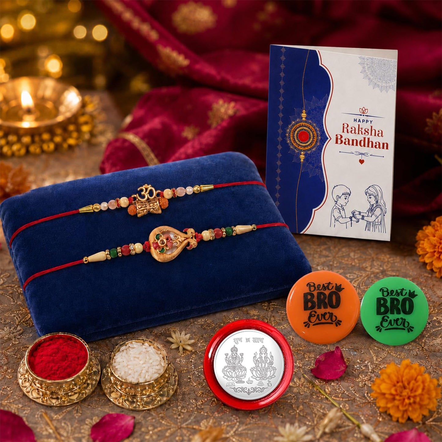Rakhi Set for Brother (Set of 2) – Om and Peacock Rakhi Combo with Roli Chawal, Silver Color Pooja Coin, Multicolour Magnets & Greeting Card – Traditional Raksha Bandhan Gift Hamper for Bhai