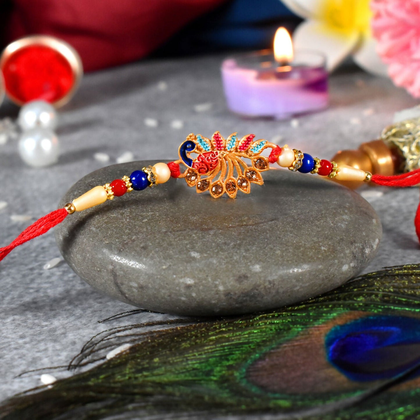 Peacock Rakhi Elegant Stone Detailing with Red Thread (5pcs)