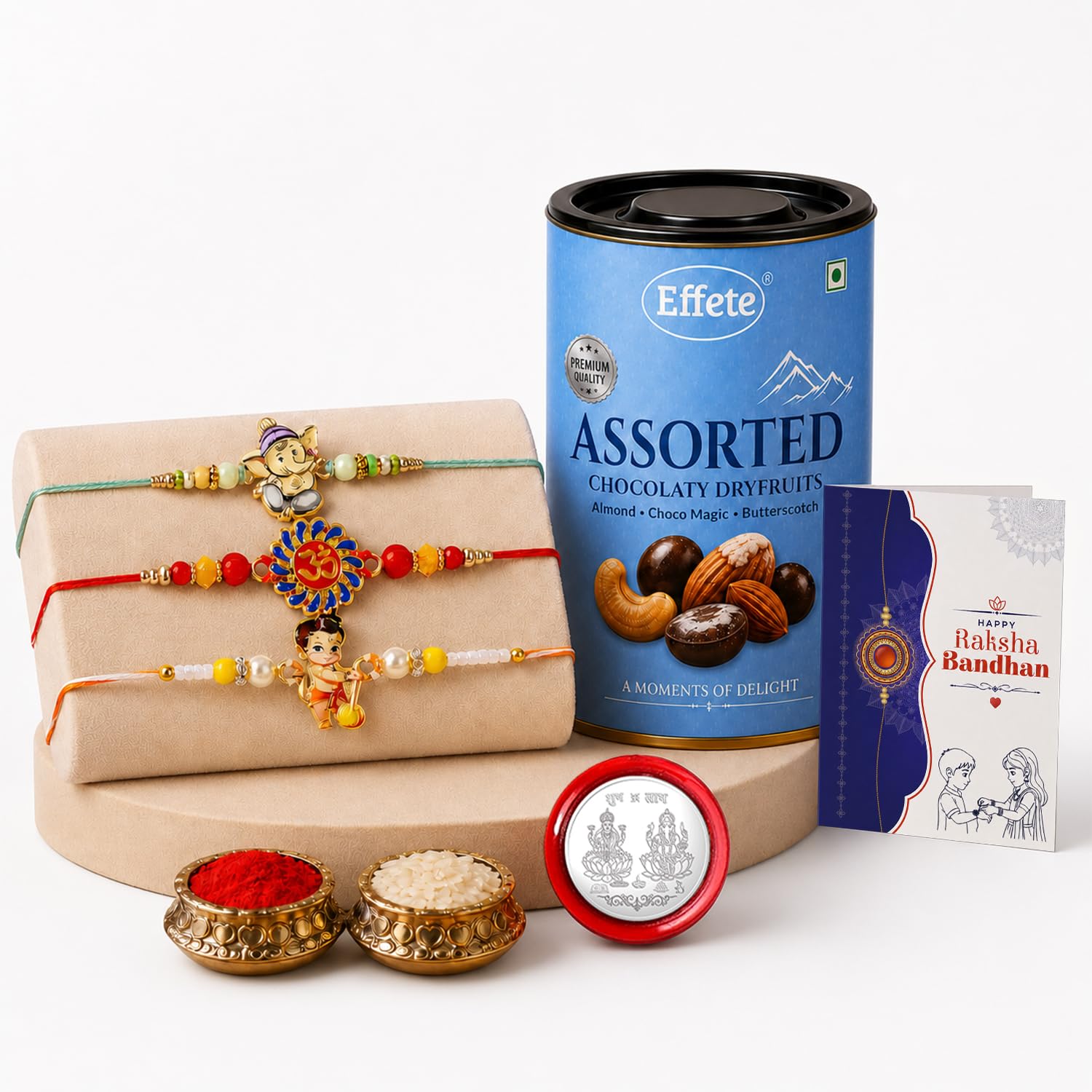 Om, Ganesha Rakhi Combo - Raksha Bandhan Gift with Assorted Choco 96gm, Pack of 7