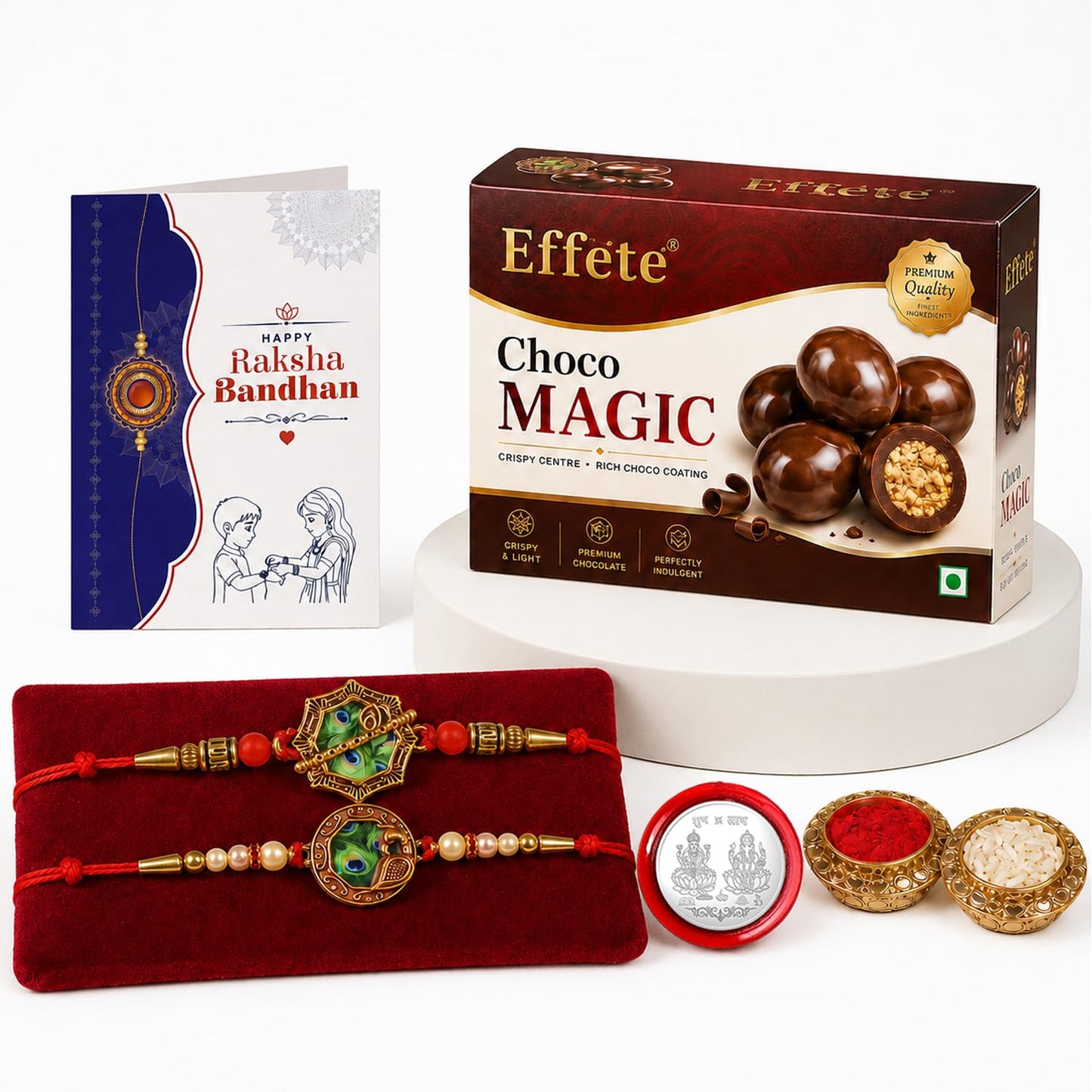 Octagon Shape Rakhi for Brother with Chocolate Magic 96gm, Coin & Card, Pack of 6