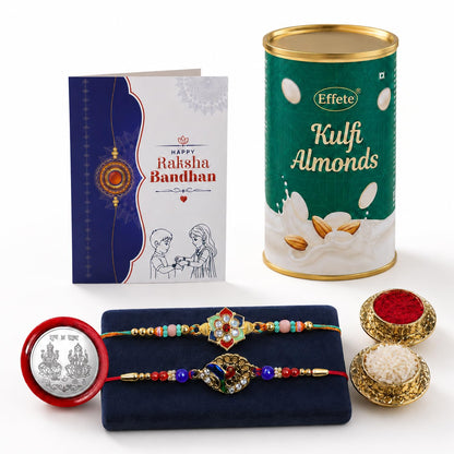 Multicolor Om Hari, Kundan Rakhi & Kulfi Almonds 96gm with Roli Chawal, Silver Color Pooja Coin & Greeting Card, Rakhi with chocolate, Rakshbandhan Combo, Pack of 6 For Raksha Bandhan