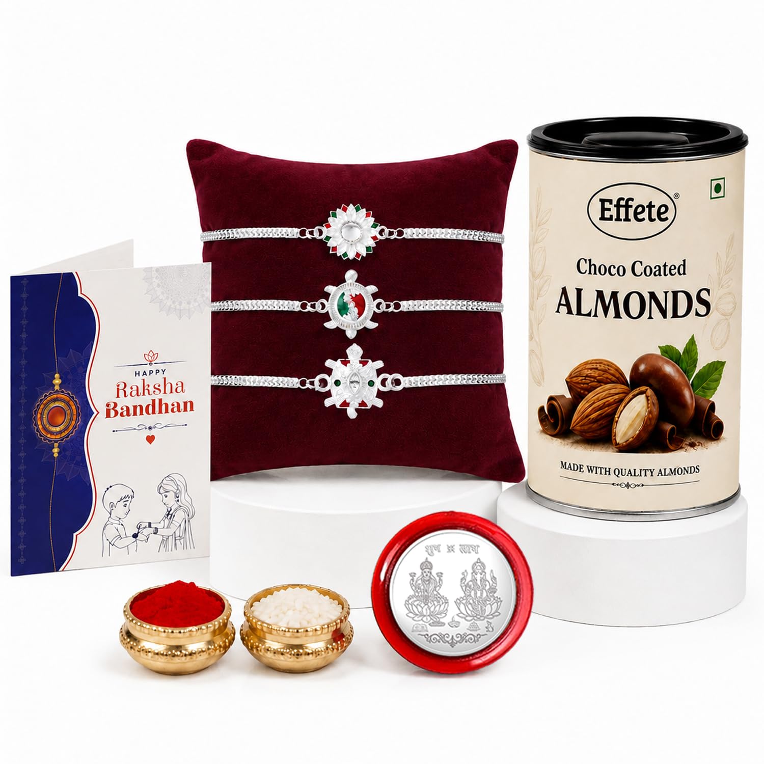 Flower Rakhi for Brother with Choco Almonds 96gm, Roli Tikka & Card, Pack of 7