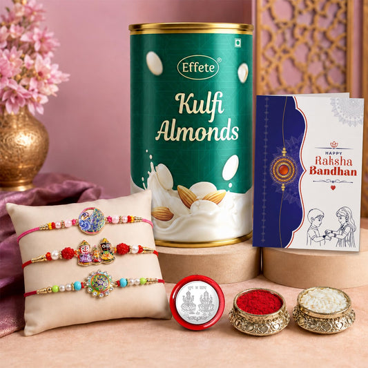 Peacock Rakhi for Brother with Kulfi Almonds 96gm, Roli Tikka & Card, Pack of 7