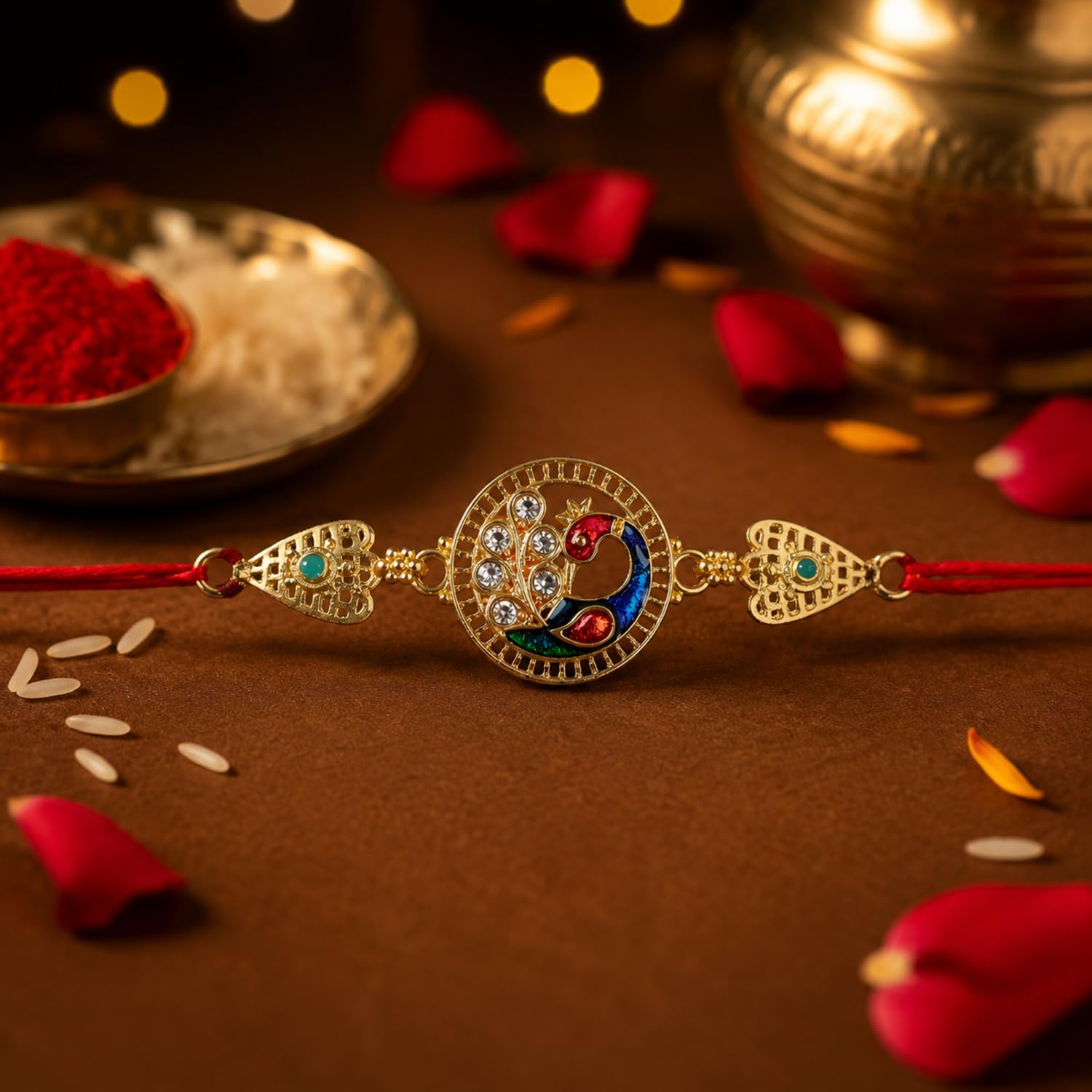 Peacock Rakhi for Brother with Butter Scotch 96gm, Roli Tikka & Card | Pack of 6
