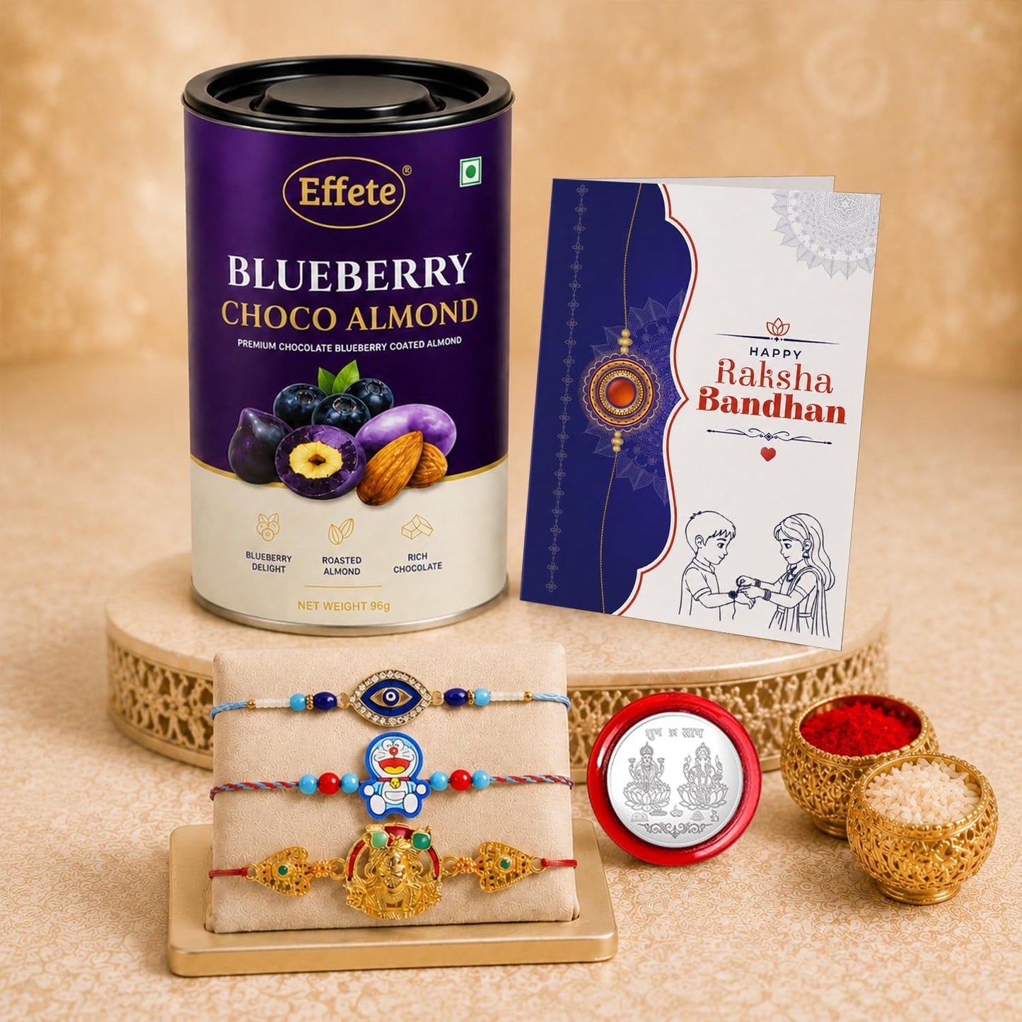 Evil Eye Rakhi for Brother with Blueberry Almond 96gm, Coin & Card, Pack of 7