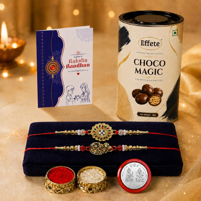 Floral Rakhi for Brother with Chocolate Magic 96gm, Roli Tikka & Card, Pack of 6