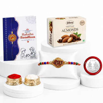 Veera Rakhi for Brother with Choco Almonds 32gm, Roli Chawal & Card, Pack of 5