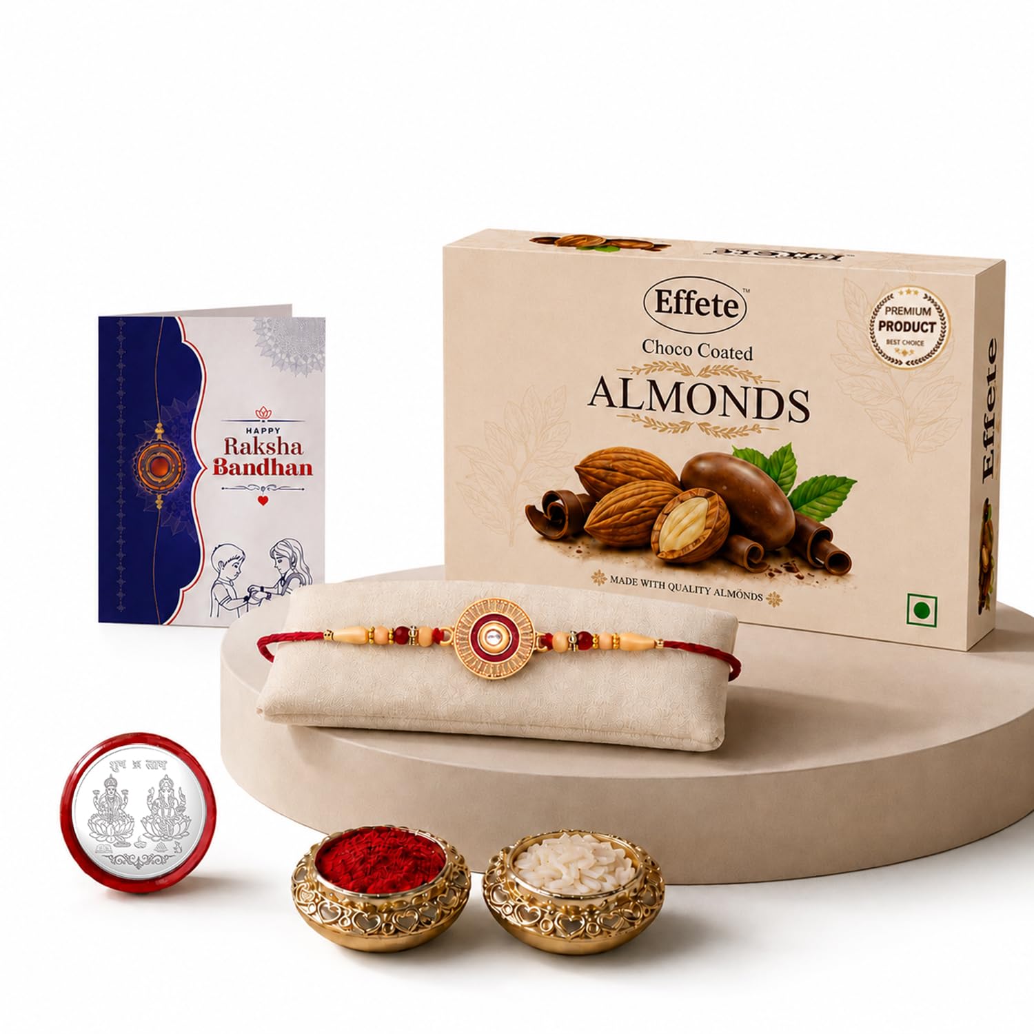 Chakra Rakhi for Brother with Choco Almonds 32gm, Roli Chawal & Card, Pack of 5