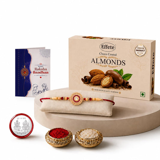 Chakra Rakhi for Brother with Choco Almonds 32gm, Roli Chawal & Card, Pack of 5