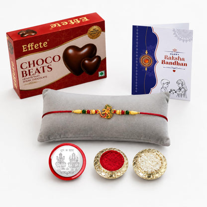 OM Rakhi for Brother with Chocolate Beats 32gm, Roli Chawal & Card, Pack of 5
