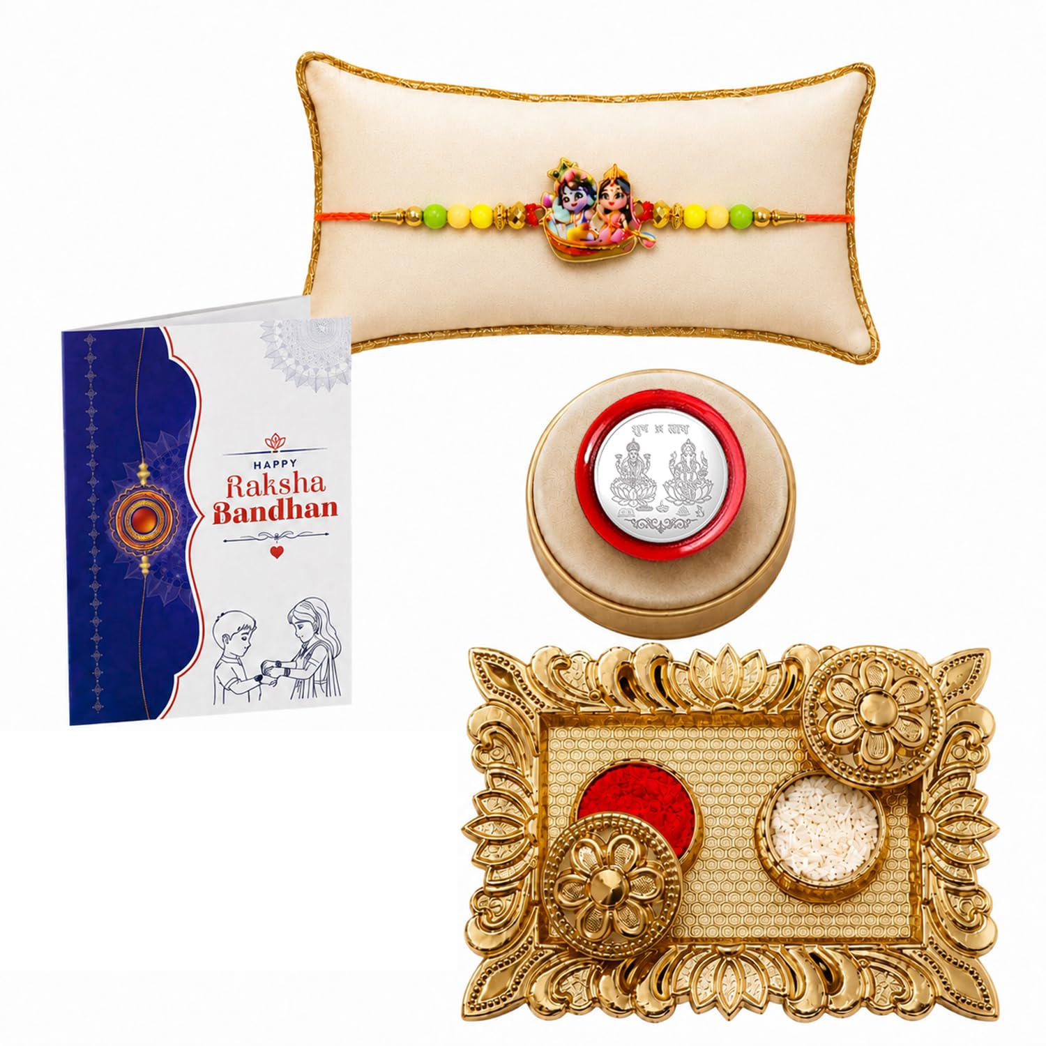 Radhe Krishna Rakhi for Brother with Pooja Thali, Roli Tikka & Card, Pack of 5